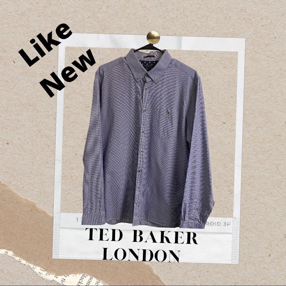 💼Ted Baker London, Like New, Brushed Cotton, Blue Houndstooth, Button Down